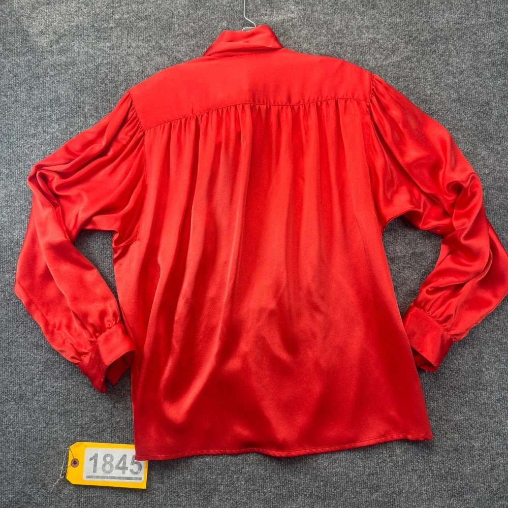 Vtg EVAN-PICONE Shirt Top Womens 12 Red Pus*y Tie Neck Long Sleeve Button Front